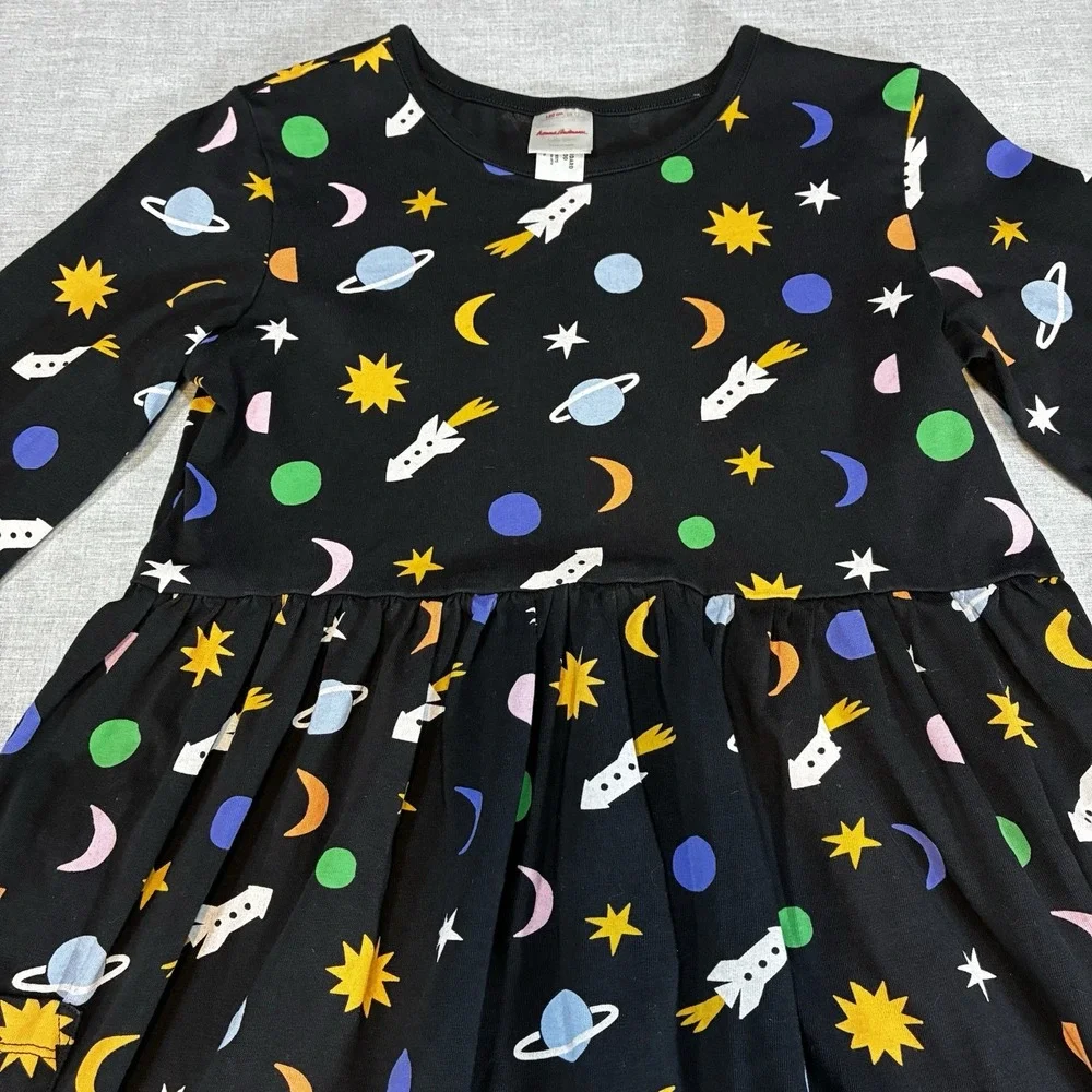 Hanna Andersson Black Space Twirl Dress Rocket, Planets, Stars Girls size 12